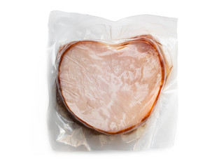 Smoked pork loin in vacuum plastic pack isolated on white