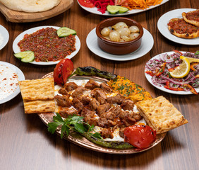 (Ali Nazik) Sliced Lamb Meat Shish Kebab with appetizers
