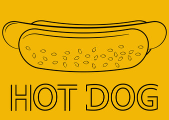 Hotdog. Hot dog in outline style, isolated on yellow background. Fast food for poster, menus, brochure, sign boards, web and icon fast food. Vector