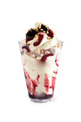 Mousse Sundae in Glass – Sour Cherry Dessert – Isolated on White Background