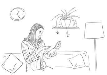 Young woman talking video call on smartphone, sitting on sofa in comfortable home atmosphere, self isolation at coronavirus quarantine time, Hand drawn linear illustration Vector sketch