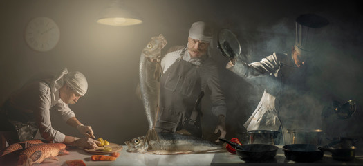 One man in the roles of the three chefs. Collage of three photos. Food is prepared in the kitchen.