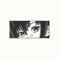 Close up of Asian female Eyes look. Black and white Manga style. Japanese cartoon Comic concept. Anime character. Hand drawn trendy Vector illustration. Rectangle frame. Isolated on white background - obrazy, fototapety, plakaty
