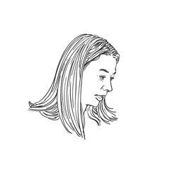 Portrait of woman with long hair looking sideways down and talking with someone, Hand drawn illustration, Vector sketch