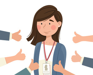 Happy young girl surrounded by hands with thumbs up. A girl in public recognition and respect, successful. Concept. Vector illustration in cartoon flat style.
