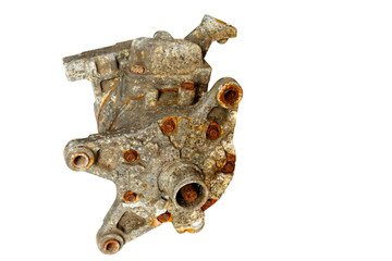 Old car starter gear, part of engine starter motor isolated on a white background