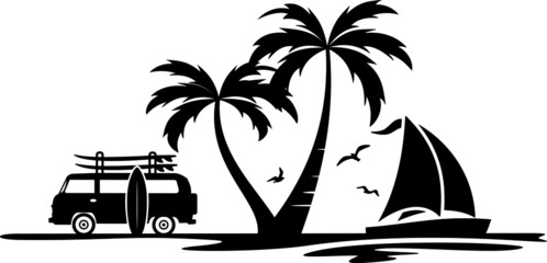 Palm Beach Van Surf Silhouette Vector