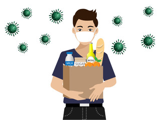 Young man wearing surgical mask holding grocery bag full of food products, corona virus diseases  (COVID-19) around. Idea for COVID-19 outbreak effect to people's living lifestyle. Vector Illustration