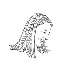Portrait of happy woman with long hair looking sideways down, Hand drawn illustration, Vector sketch