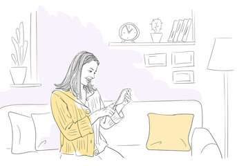 Woman using tablet and smile, sitting on sofa in comfortable relaxing home atmosphere, self isolation at coronavirus quarantine time, Hand drawn illustration Vector sketch