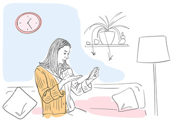 Naklejka premium Young woman talking video call on smartphone, sitting on sofa in comfortable home atmosphere, self isolation at coronavirus quarantine time, Hand drawn illustration Vector sketch