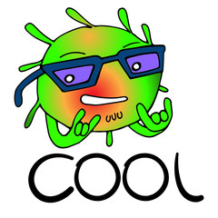 COVID-19 in cool violet sunglasses. Stock image with coronavirus in cartoon style. Vector illustration with virus for print, stickers and decoration. Color microbe for blog and social networks.