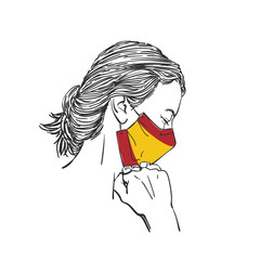 Pray for Spain, Coronavirus outbreak in Spain, Woman in spanish flag color medical mask with fists under chin, eyes closed in hope, Hand drawn illustration vector sketch