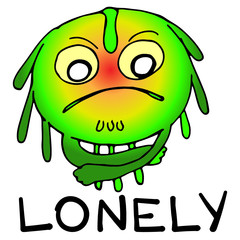 Sad and lonely coronavirus. Cartoon sticker with COVID-19 in vector format on a white background. Stock illustration with a sad microbe for souvenirs, print design and website. A deadly disease.