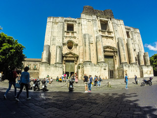 Catania, Italy - 5/16/16: Church of Catania, Italy, Baroque architecture in Sicily, ancient art building of the city