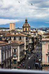 City of Catania, Italy. Etna, volcano in the sky of Sicily, Sicilian town traveling to the Mediterranean