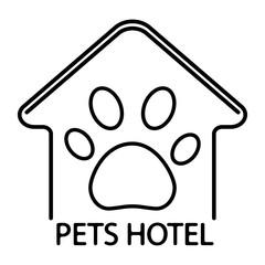 Pet hotel, logo design template. Logotype of pets hotel in outline style. Symbol of dog or cat home with icon of paw inside, isolated on white background