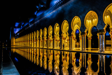 Inner courtyard of Sheikh Zayed Grand Mosque, minaret of the largest mosque in the United Arab Emirates and the eighth largest mosque in the world.
