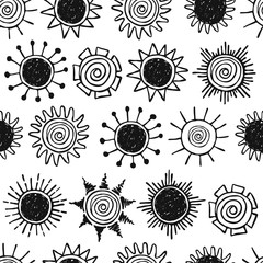 Seamless pattern with hand drawn black suns. Design element for fabric, textile, wrapping paper.
