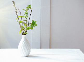 spring branches in a white vase on a table. fresh and minimal style concept. clean and uncluttered...
