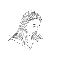 Portrait of young woman with long hair looking down, Vector sketch, Hand drawn illustration