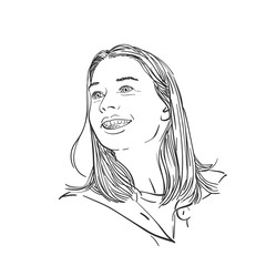 Portrait of happy smiling woman with long hair looking sideways, Hand drawn illustration, Vector sketch