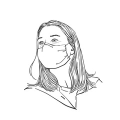 Woman wearing medical face mask and looking sideways, Hand drawn portrait, Vector sketch