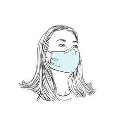 Woman wearing medical face mask and looking sideways, Hand drawn portrait, Vector sketch