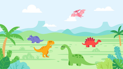 Obraz na płótnie Canvas Cute dinosaurs in prehistoric landscape: diplodocus, triceratops, stegosaurus, tyrannosaurus rex and pterodactyl
