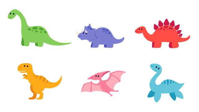 Set of cute dinosaurs: diplodocus, triceratops, stegosaurus, tyrannosaurus rex, pterodactyl and plesiosaurus