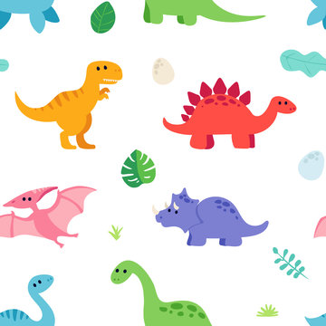 Seamless pattern of cute dinosaurs: diplodocus, triceratops, stegosaurus, tyrannosaurus rex, pterodactyl and plesiosaurus