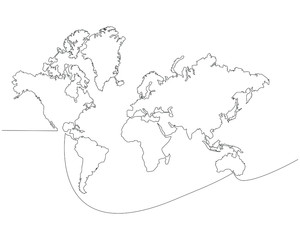 World map drawn in one line. Borders of the continents in vector graphic style. Trend stock image for infographics, presentations, business, delivery, politics and news.