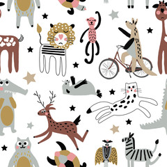 Hand drawn vector illustration. Seamless pattern. Cute cartoon. Wild animals. White background. Pastel color. For baby textile or other decoration.