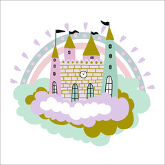 Hand drawn vector illustration. Cute cartoon magic castle. Pastel color. For baby print or poster.