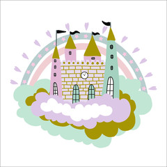 Fototapeta premium Hand drawn vector illustration. Cute cartoon magic castle. Pastel color. For baby print or poster.