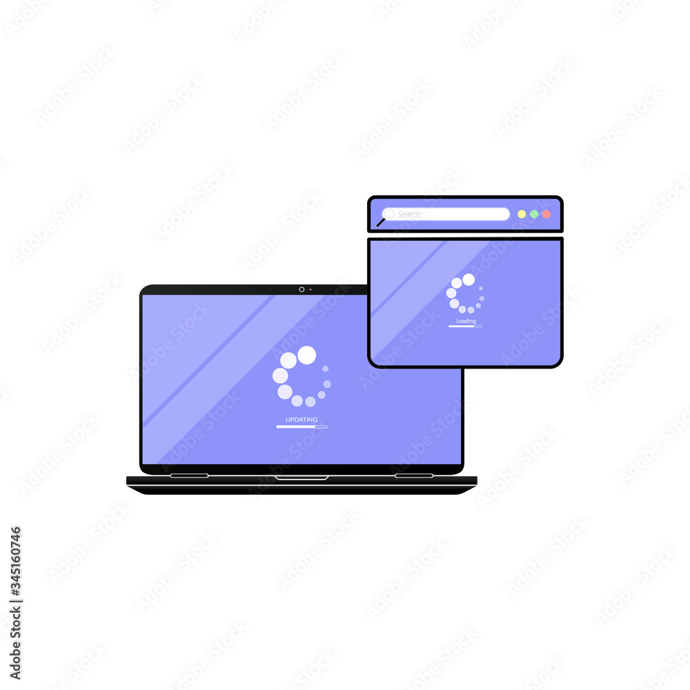 Poster loading page browser on top view laptop screen. laptop, desktop, computer with website page icon fla