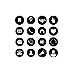 Set of communication icons. Phone, mobile phone, retro phone, location, mail and web site symbols on isolated background for applications, web, app. EPS 10 vector.