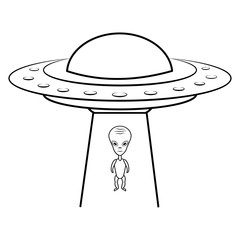 UFO icon. Outline flying spaceship with alien. Outline UFO. Flying saucer. Alien space ship, isolated on white background