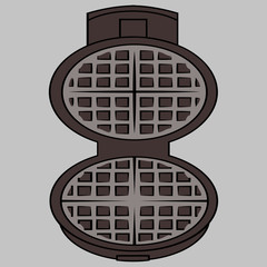 Wafer iron. Open waffle iron on a grey background with clipping path. Vector