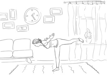Woman doing yoga, Standing on one leg in living room, Self isolation at coronavirus quarantine time, Hand drawn linear illustration Vector sketch