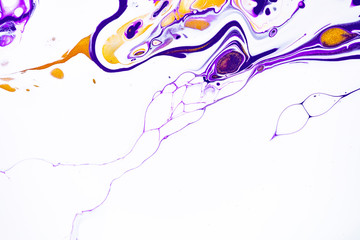 Fluid art texture. Abstract backdrop with mixing paint effect. Liquid acrylic picture with chaotic mixed paints. Can be used for posters or wallpapers. Purple, white and golden overflowing colors