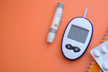  blood sugar measurement kits for diabetes on color background 