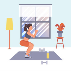 A girl is doing sport at home, pumps up the ass and legs by exercises. Vector flat illustration of fitness workout, training, sports activity, the gym at home in quarantine