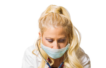 COVID-19 Conceptual: caucasian virologist doctor with stethoscope and surgical mask on white background. Research against the new Coronavirus pandemic.