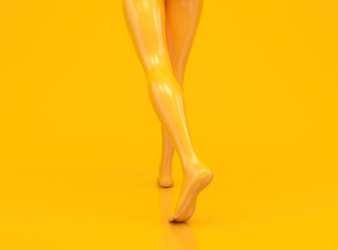 Female legs in yellow glossy color on a yellow background. Slender barefoot woman is walking. Yellow mannequin or sculpture. Creative conceptual 3D render. Copy space.
