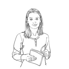 Girl with book in hand looking at camera and smiling, vector sketch, hand drawn linear illustration isolated