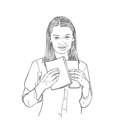 Young woman presses open book to herself, looks at camera and smiles, vector sketch, hand drawn linear illustration isolated