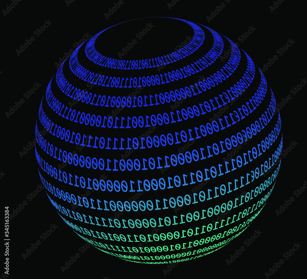 Aufkleber Glowing neon sphere made of binary digits, zeros and ones. Metaphor of complexity and connectionism, cyberspace and virtual reality.