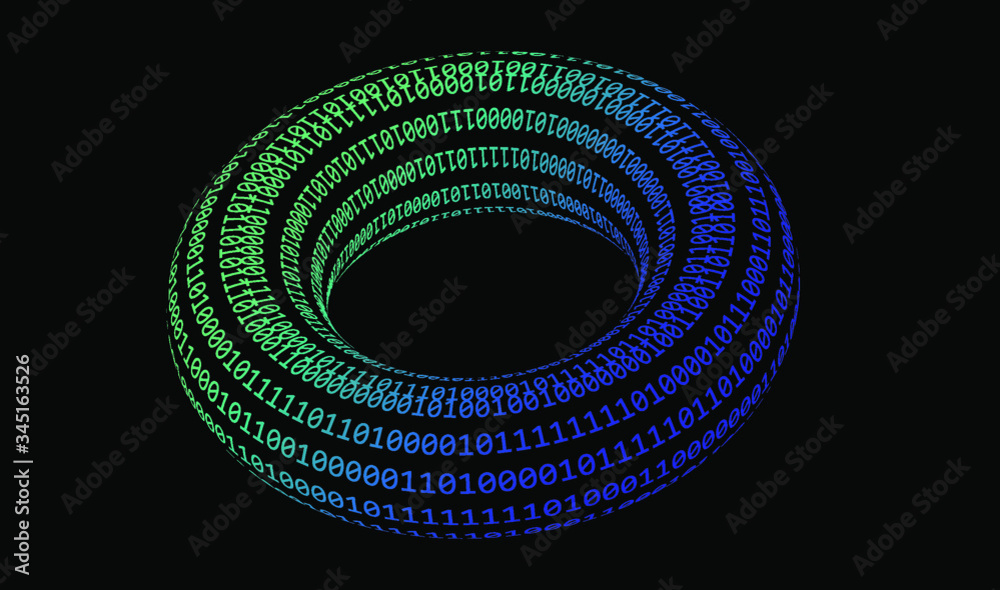 Aufkleber Glowing neon torus made of binary digits, zeros and ones. Metaphor of complexity and connectionism, cyberspace and virtual reality.