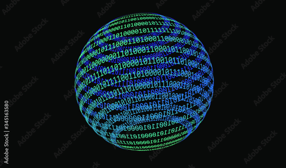 Poster Glowing neon sphere made of binary digits, zeros and ones. Metaphor of complexity and connectionism, cyberspace and virtual reality.